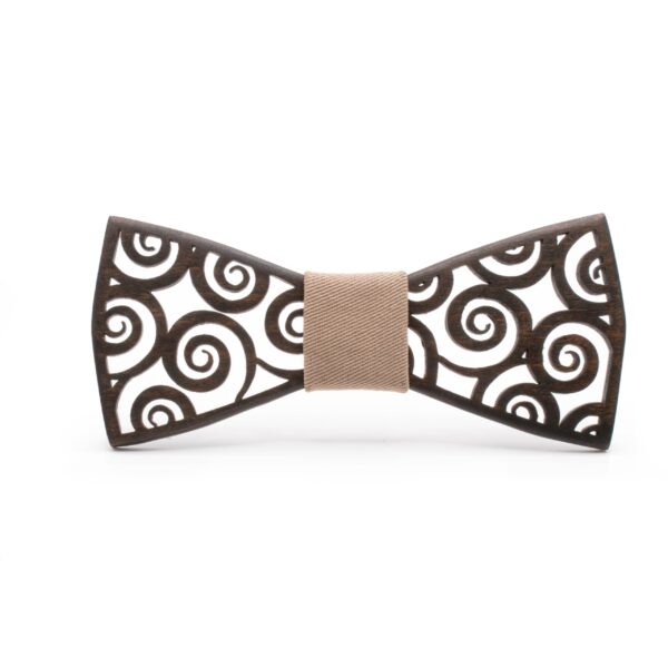wood bowtie galaxy with tan fabric walnut