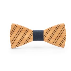 mens wood bowtienatural oak stripes with blue fabric