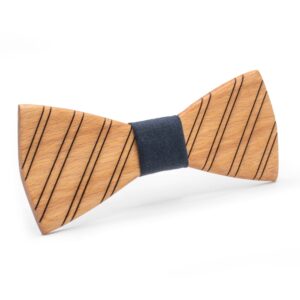 Wood Bow Tie Nova natural oak stripes with blue fabric