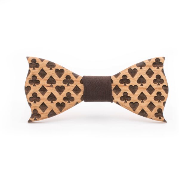 wood bow tie playing cards brown fabric vegas