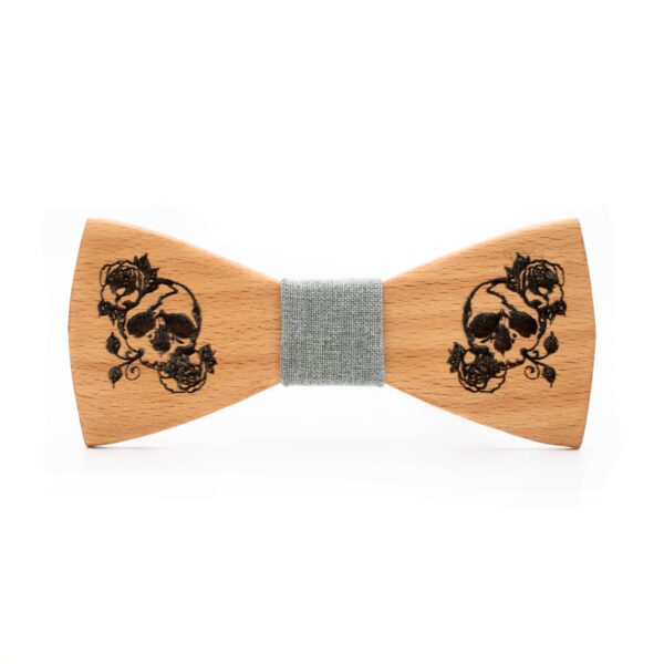 wood bow tie skulls and roses oak grey fabric